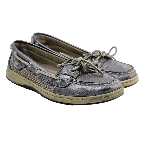 Sperry Top Sider Angelfish Boat Shoe Women's‎ 7.5 Metallic Pewter Leather Preppy - Picture 1 of 6